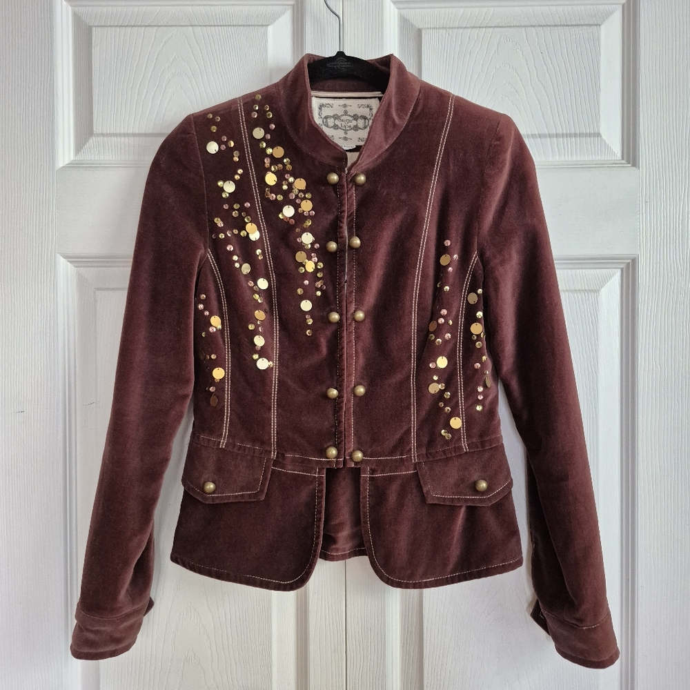 Sugarlips Burgundy Velvet Blazer with Gold Sequin Detail